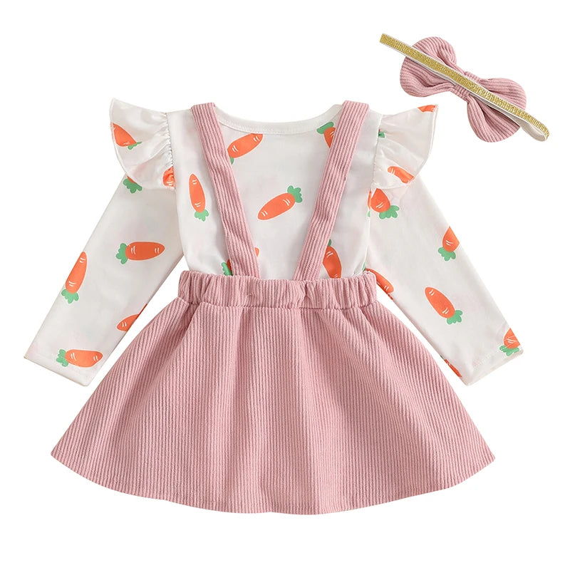 Oster-Outfit für Baby-Mädchen – 3-teilig: Karotten-Body mit langen Ärmeln, Hasen-Trägerrock & Haarband – von FOCUSNORM (0–18 Monate)