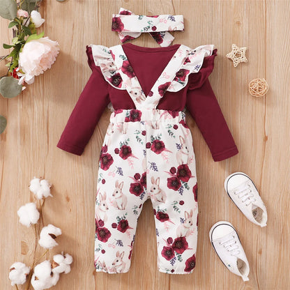 Baby Mädchen 3-teiliges Outfit – Langarm-Romper mit Blumen-Trägerhose & Stirnband | Weiches Baumwollset für Frühling & Herbst (0–24 Monate)