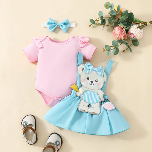Süßes Sommer-Outfit für Baby-Mädchen – 3-teilig: Kurzarm-Romper mit Bären-Stickerei, Röckchen & Haarband – für Ostern & Alltag (0–18 Monate)