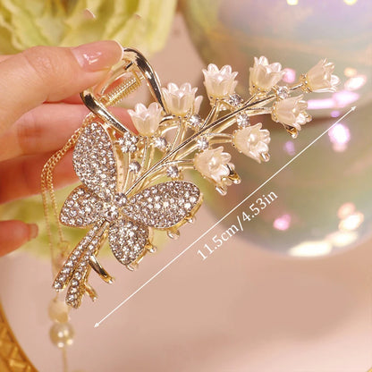 Luxuriöse Haarspange mit Strass, Glockenblume, Rose & Schmetterling – Elegante Haarklammer mit Quaste für Damen