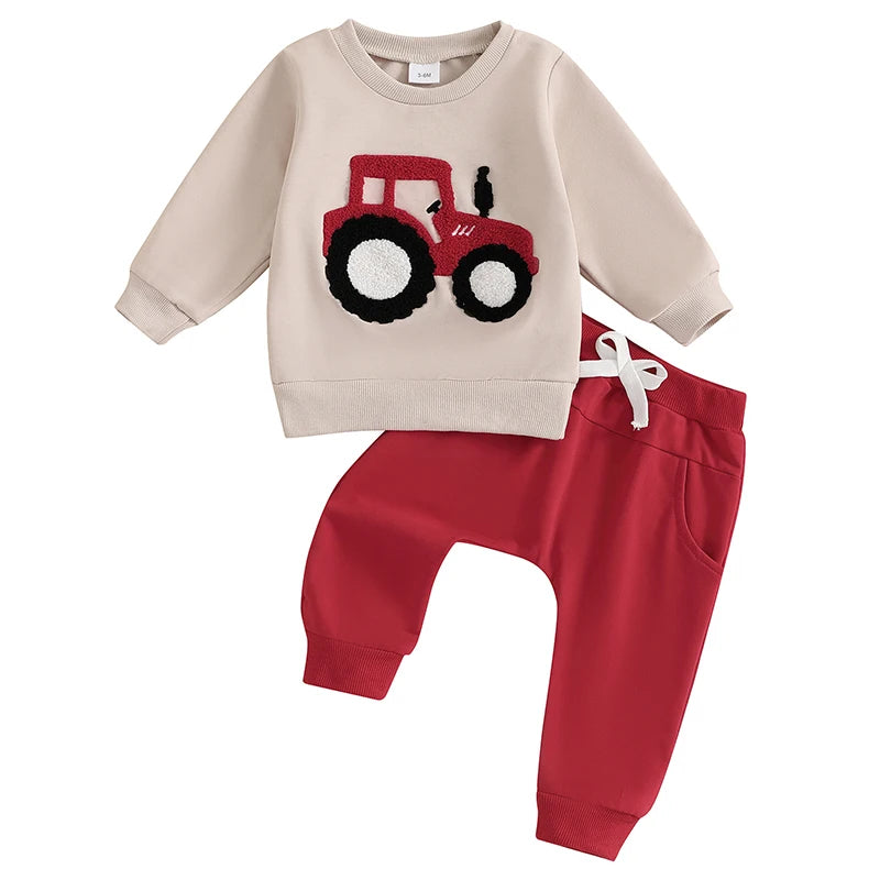 Jungen-Set für Frühling & Herbst – 2-teilig: Sweatshirt mit Traktor-Stickerei & einfarbige Hose – von Lioraitiin (0–3 Jahre)