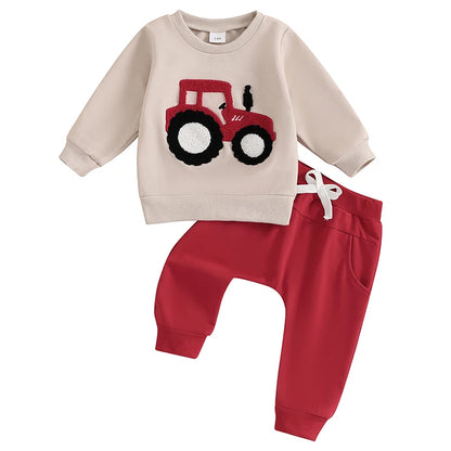 Jungen-Set für Frühling & Herbst – 2-teilig: Sweatshirt mit Traktor-Stickerei & einfarbige Hose – von Lioraitiin (0–3 Jahre)