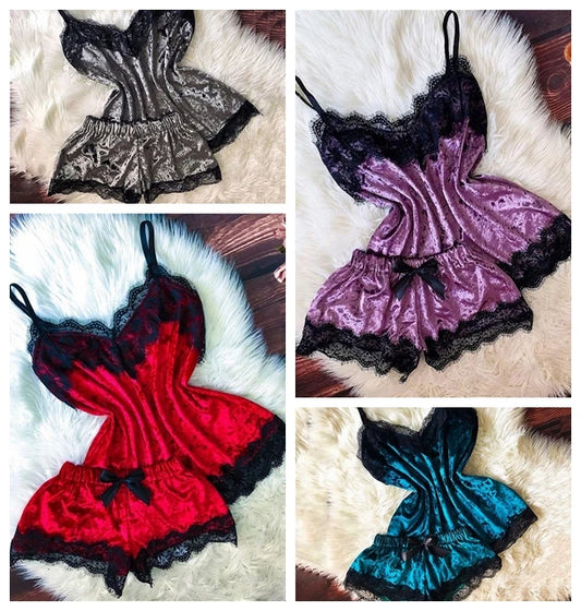 Verführerisches Damen-Schlafanzug-Set aus Samt – Trägertop mit Schleife & Shorts – Sexy V-Ausschnitt Homewear