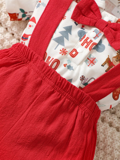 Weihnachts-Outfit für Baby-Jungen (0–12 Monate) – 2-teilig: Santa Body mit kurzen Ärmeln & Hosenträgerhose – Gentleman-Stil