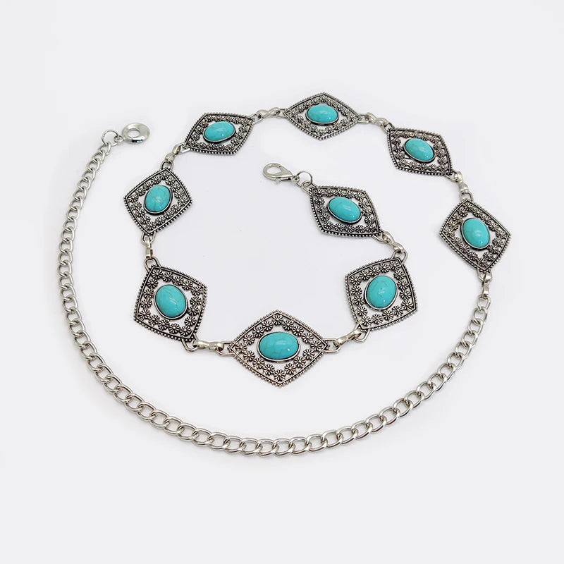 Boho Taillenkette für Damen – Silberfarbene Kette mit blauen Edelstein-Elementen | Eleganter Ellipsen-Look für Röcke & Kleider