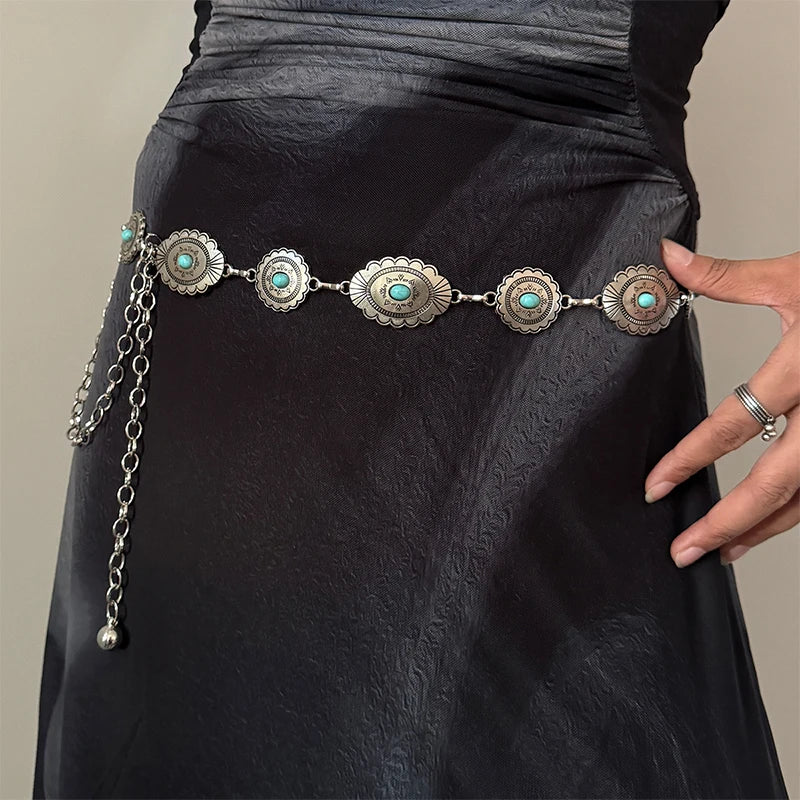 Boho Taillenkette für Damen – Silberfarbene Kette mit blauen Edelstein-Elementen | Eleganter Ellipsen-Look für Röcke & Kleider