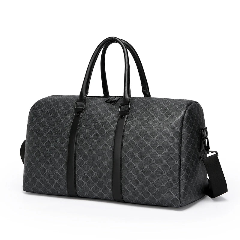 Herren Reisetasche – Schwarze PU-Ledertasche mit großem Fassungsvermögen und geometrischem Muster – Schultertasche für Business & Reisen