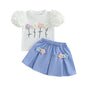 Sommer-Outfit für Kleinkinder Mädchen (6M–4J) – Häkelblumen T-Shirt mit Puffärmeln & A-Linien-Rock + Haarband