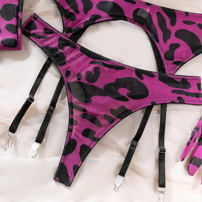 Sexy Lingerie Set in Pink Leopard Mesh – BH, Handschuhe & Beinlinge