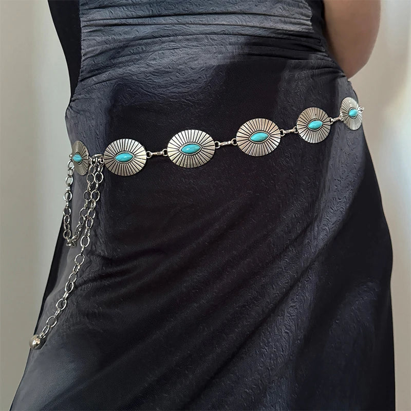 Boho Taillenkette für Damen – Silberfarbene Kette mit blauen Edelstein-Elementen | Eleganter Ellipsen-Look für Röcke & Kleider