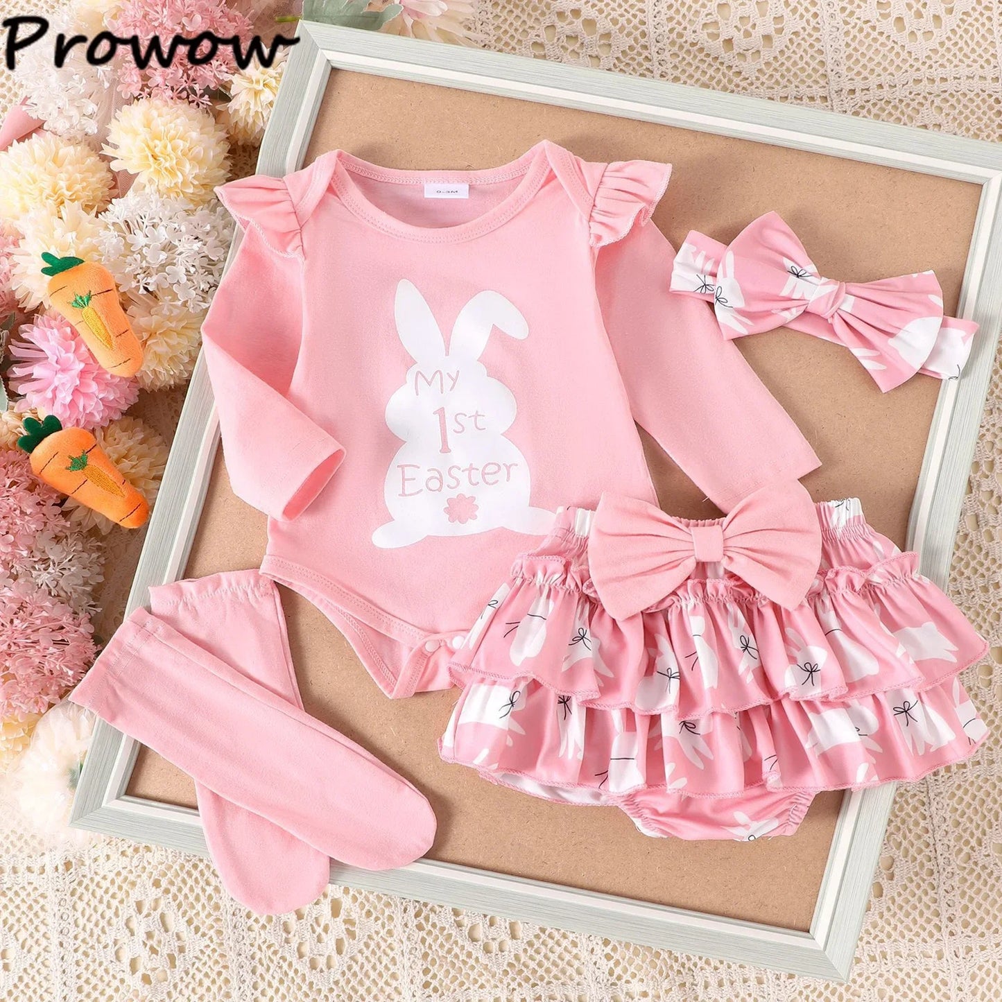 My First Easter” Baby-Mädchen-Outfit – 4-teilig: Hasen-Body, Karotten-Shorts, Socken & Haarband – von Prowow
