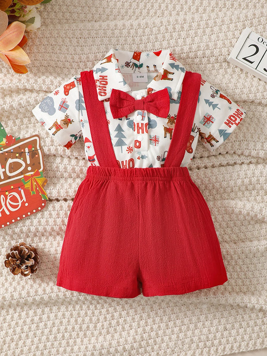 Weihnachts-Outfit für Baby-Jungen (0–12 Monate) – 2-teilig: Santa Body mit kurzen Ärmeln & Hosenträgerhose – Gentleman-Stil