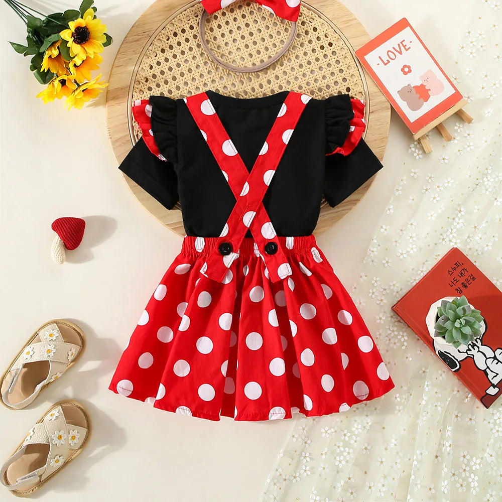 Sommer-Outfit für Mädchen (1–4 Jahre) – Schwarzes T-Shirt mit kurzen Ärmeln, gepunkteter Rock & Haarband – 3-teiliges Set