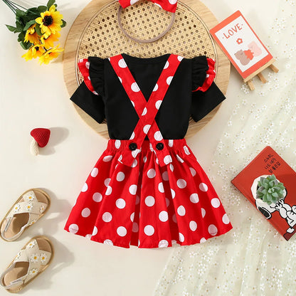 Sommer-Outfit für Mädchen (1–4 Jahre) – Schwarzes T-Shirt mit kurzen Ärmeln, gepunkteter Rock & Haarband – 3-teiliges Set
