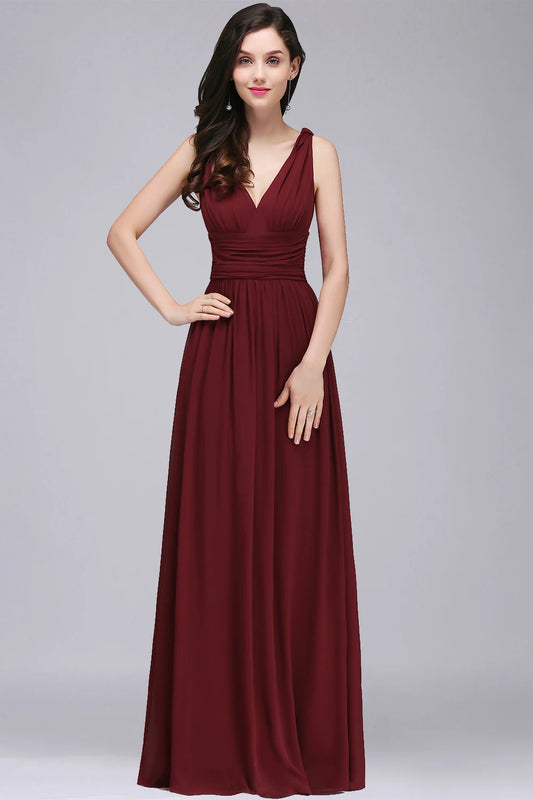Elegantes langes Chiffonkleid mit V-Ausschnitt – A-Linie Brautjungfernkleid für Damen – Festliches Abendkleid für Hochzeit & Party