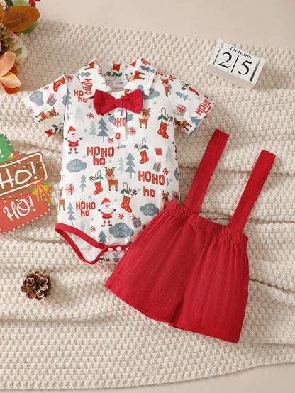 Weihnachts-Outfit für Baby-Jungen (0–12 Monate) – 2-teilig: Santa Body mit kurzen Ärmeln & Hosenträgerhose – Gentleman-Stil