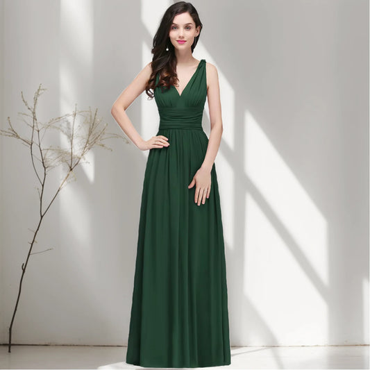 Elegantes langes Chiffonkleid mit V-Ausschnitt – A-Linie Brautjungfernkleid für Damen – Festliches Abendkleid für Hochzeit & Party