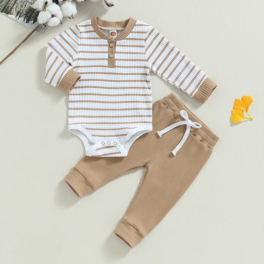 Herbst-Outfit für Baby Jungen – Langarm-Body mit Streifenmuster + Hose | 2-teiliges Set aus Baumwollmischung für Frühling & Herbst