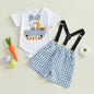 Baby-Jungen Oster-Outfit – 2-teilig: Kurzarm-Body mit Auto- & Hasen-Print + karierten Hosenträger-Shorts – von Emmababy (0–18 Monate)