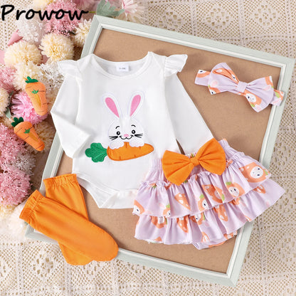 My First Easter” Baby-Mädchen-Outfit – 4-teilig: Hasen-Body, Karotten-Shorts, Socken & Haarband – von Prowow