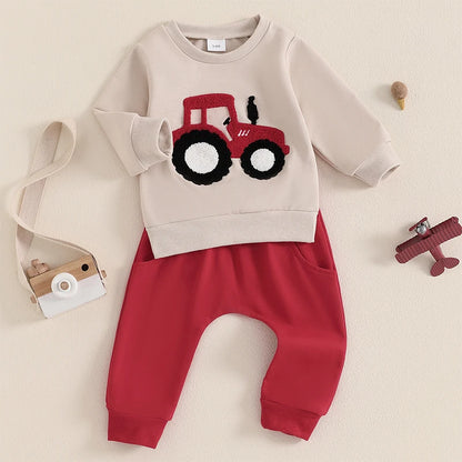 Jungen-Set für Frühling & Herbst – 2-teilig: Sweatshirt mit Traktor-Stickerei & einfarbige Hose – von Lioraitiin (0–3 Jahre)