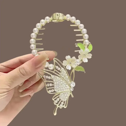 Elegante Haarkralle mit Blumen-Quaste – Schmetterling, Strass & Perlen – Haarclip für Damen | Dutt- & Zopfhalter Accessoire