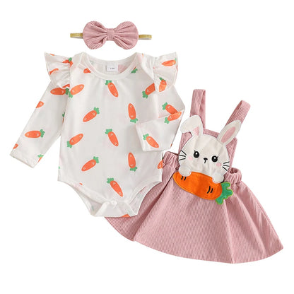 Oster-Outfit für Baby-Mädchen – 3-teilig: Karotten-Body mit langen Ärmeln, Hasen-Trägerrock & Haarband – von FOCUSNORM (0–18 Monate)